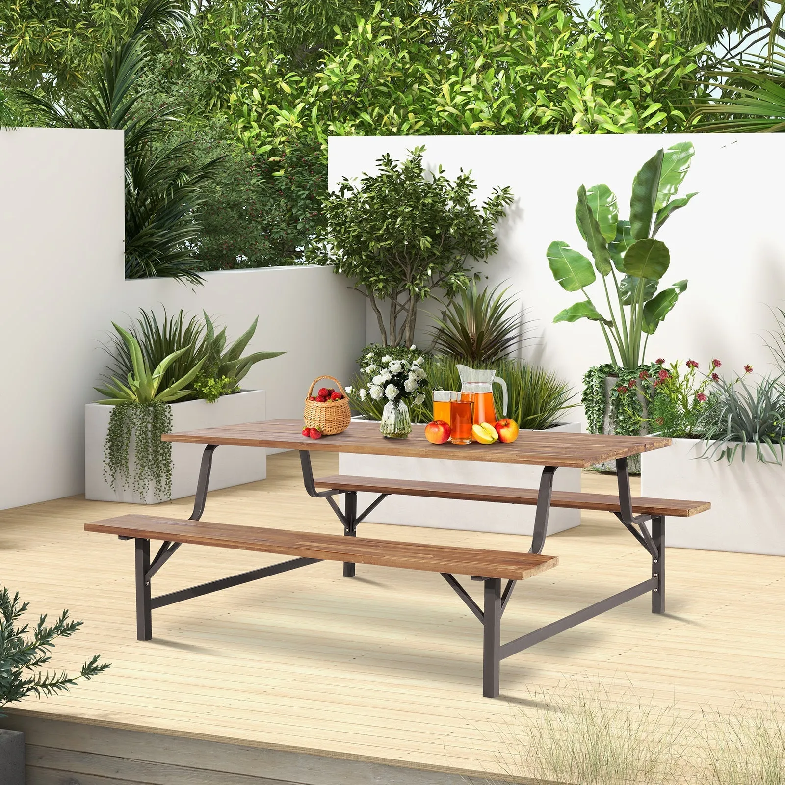 180cm Patio Picnic Table Bench Set with Acacia Wood Tabletop and Seat