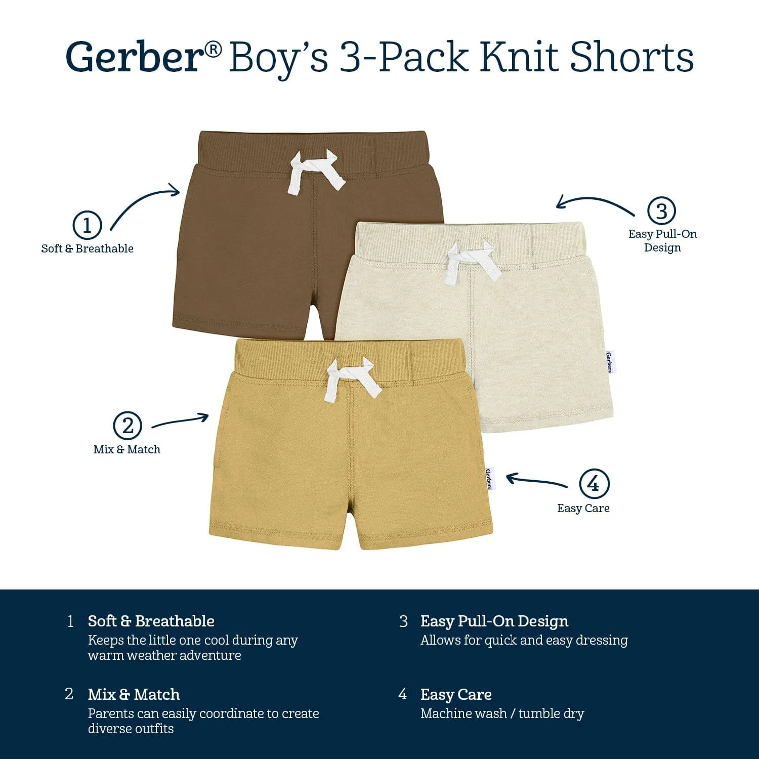 3-Pack Baby & Toddler Boys Neutrals Knit Shorts