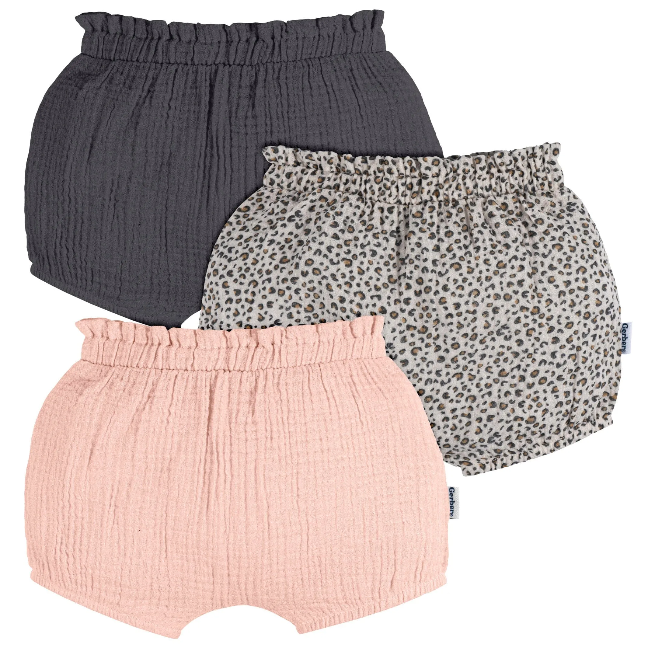 3-Pack Baby Girls Grey, Leopard, & Pink Gauze Bubble Shorts