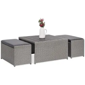 3-Piece Outdoor Wicker Coffee Table Conversation Set w/ Ottoman Benches