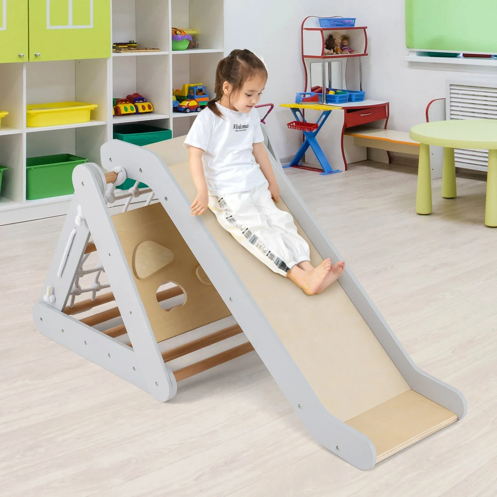 4 in 1 Toddler Wooden Triangle Climber with Ramp and Sliding Board-Grey