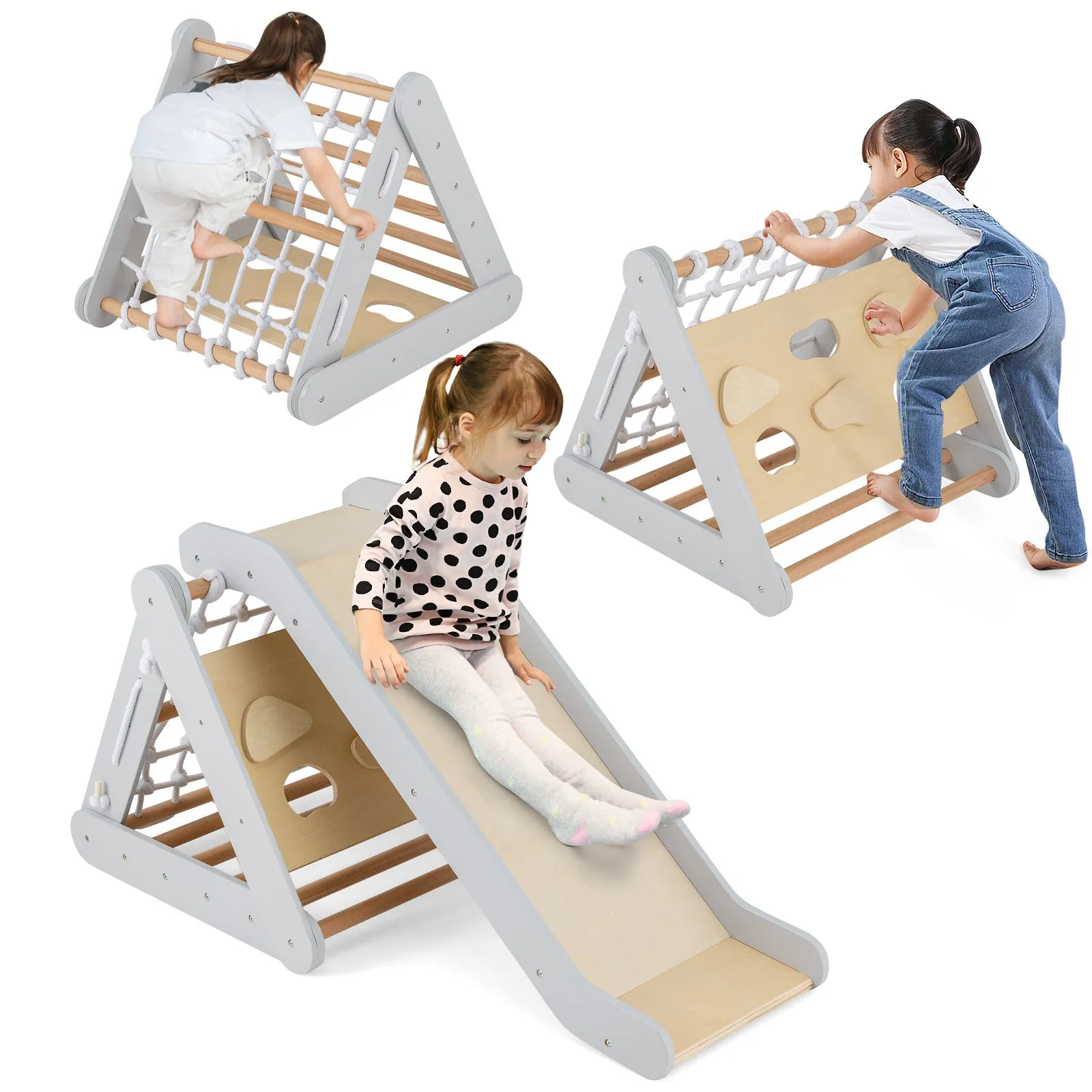 4 in 1 Toddler Wooden Triangle Climber with Ramp and Sliding Board-Grey