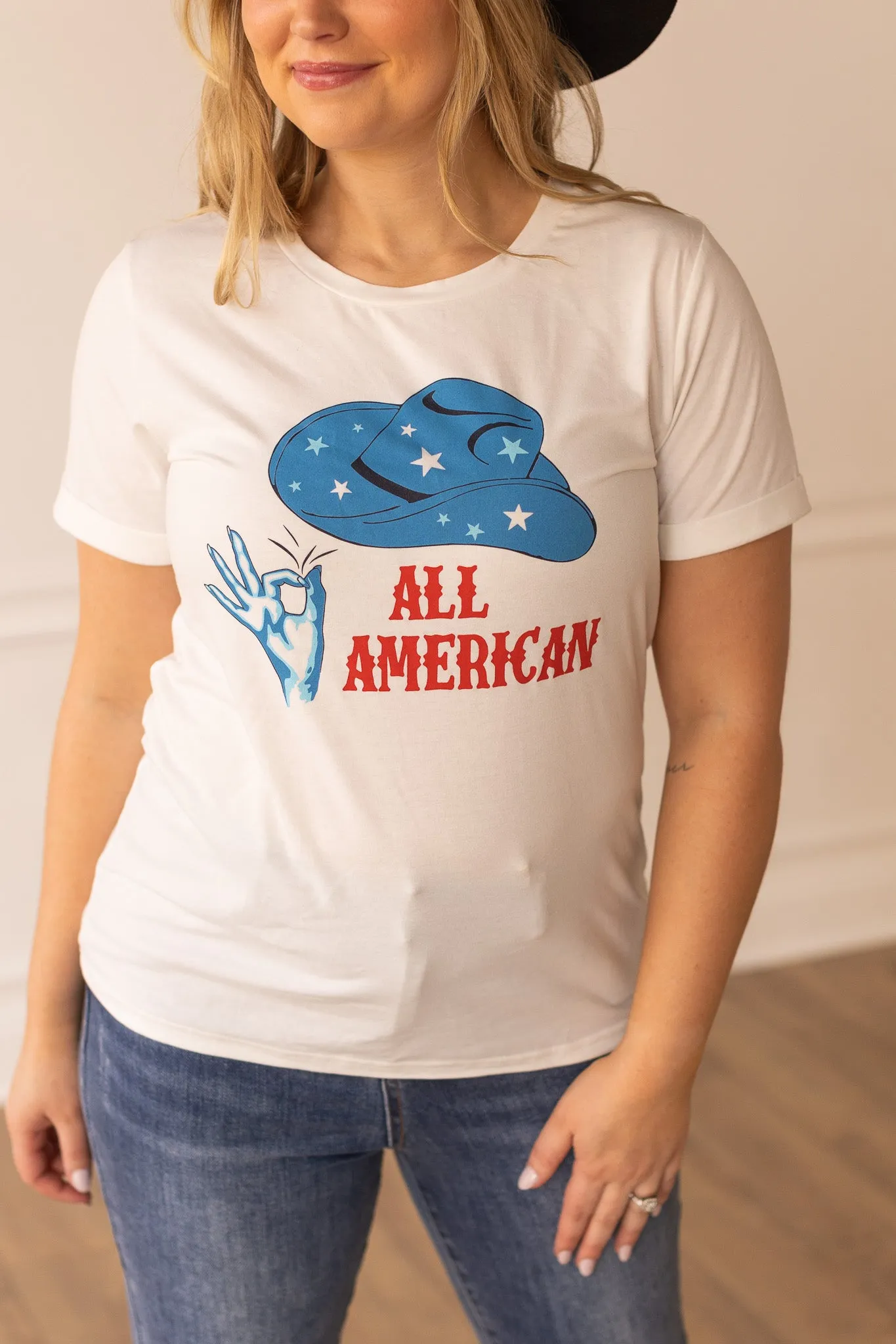 'All American' on Vanilla Bean White Cuffed Tee