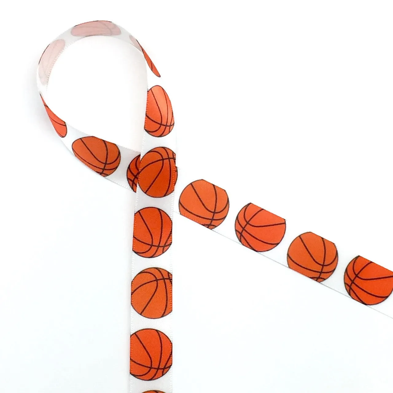 Basketball Ribbon orange and black basketballs printed on 5/8" white single face satin ribbon