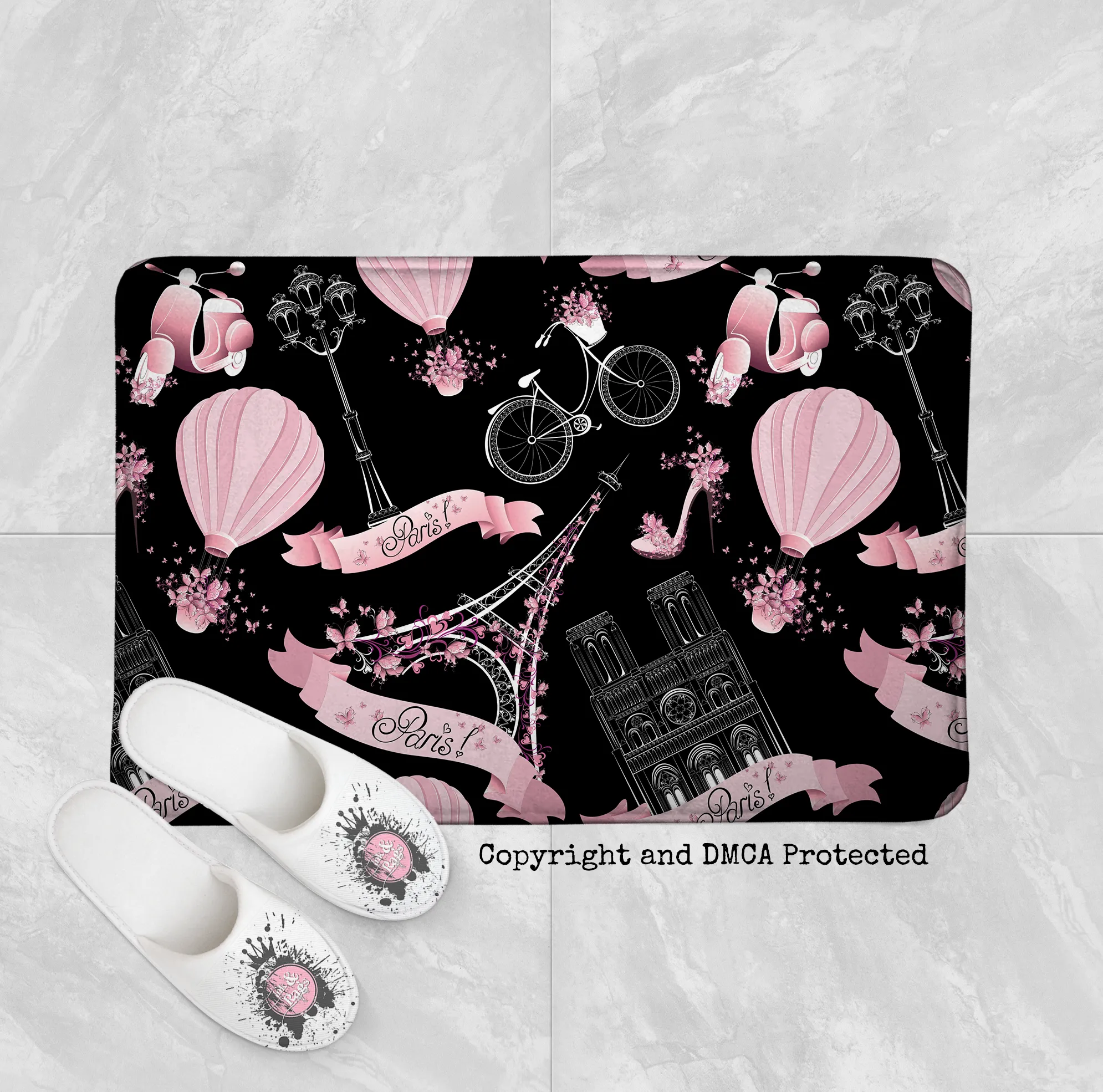 Black and Pink Whimsy in Paris Eiffel Tower Shower Curtains and Optional Bath Mats