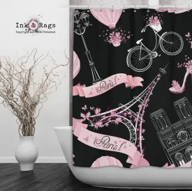 Black and Pink Whimsy in Paris Eiffel Tower Shower Curtains and Optional Bath Mats