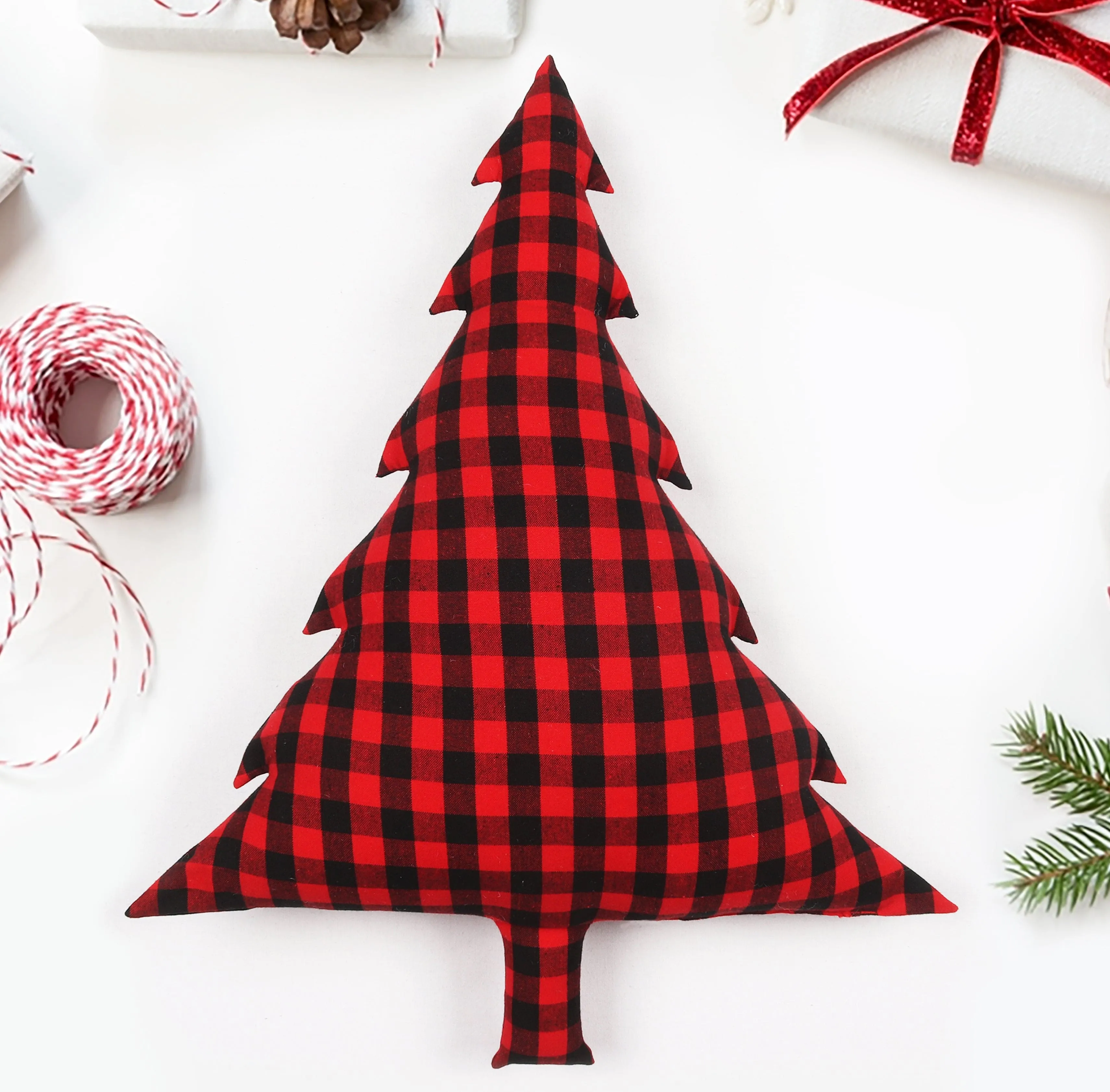 Cotton Christmas Small Checks Designed, Bell / Candy / Star / Tree Shaped Cushion with Recron Filled Pack Of 1 pc