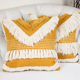 Cotton Embroidered Textured Pillow Cover - Boho Decorative Cushion | Orange-White, 18x18"