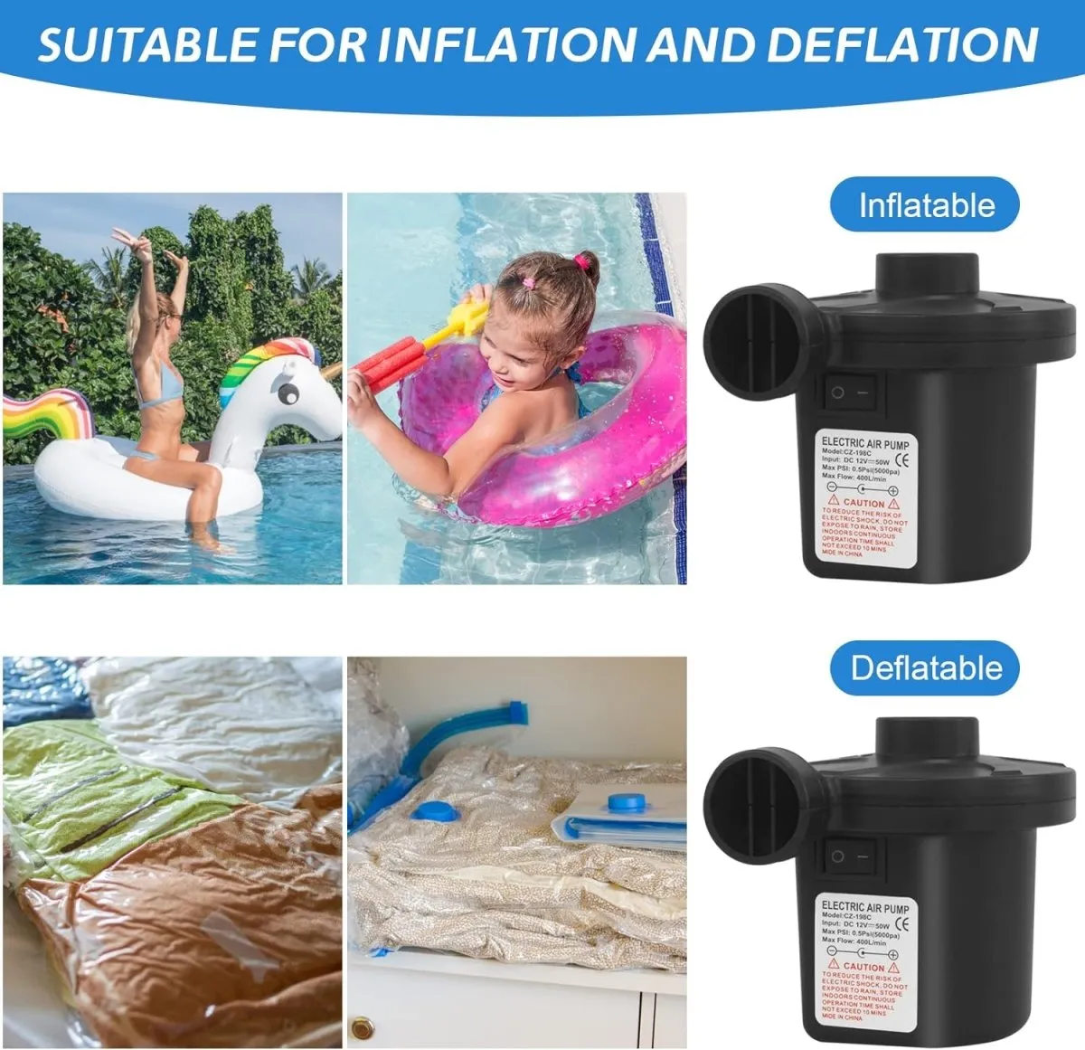 Electric Pump for inflatables with 3 Nozzles, AC 240V/DC 12V 50W High Power Electric Air Pump for Air Bed Mattress Inflatables Paddling Pool Beach Toys