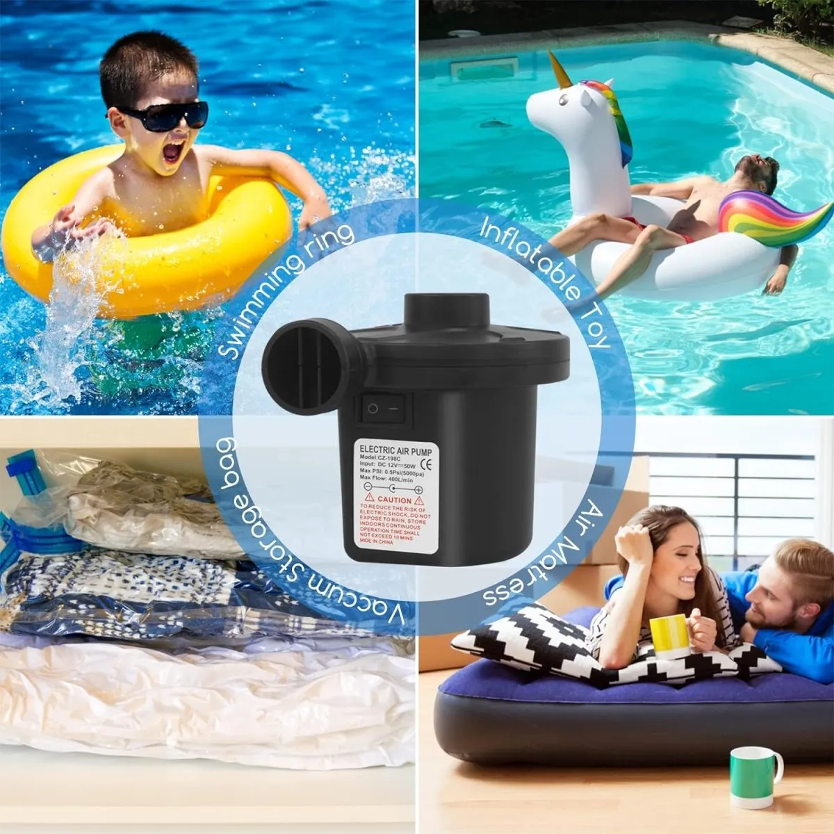 Electric Pump for inflatables with 3 Nozzles, AC 240V/DC 12V 50W High Power Electric Air Pump for Air Bed Mattress Inflatables Paddling Pool Beach Toys