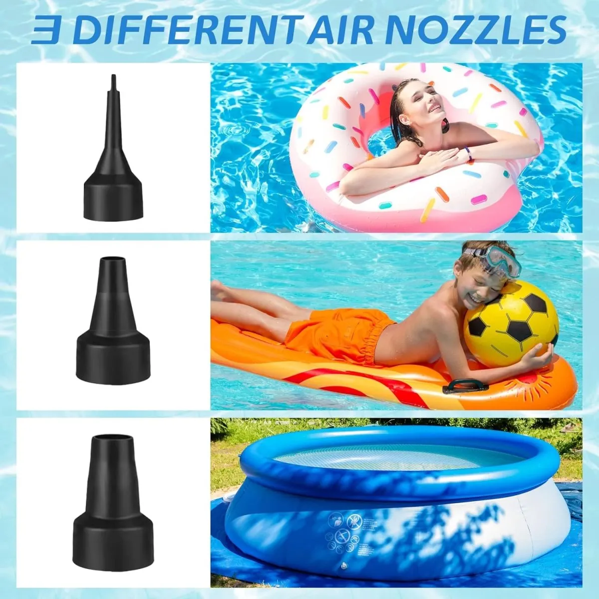 Electric Pump for inflatables with 3 Nozzles, AC 240V/DC 12V 50W High Power Electric Air Pump for Air Bed Mattress Inflatables Paddling Pool Beach Toys