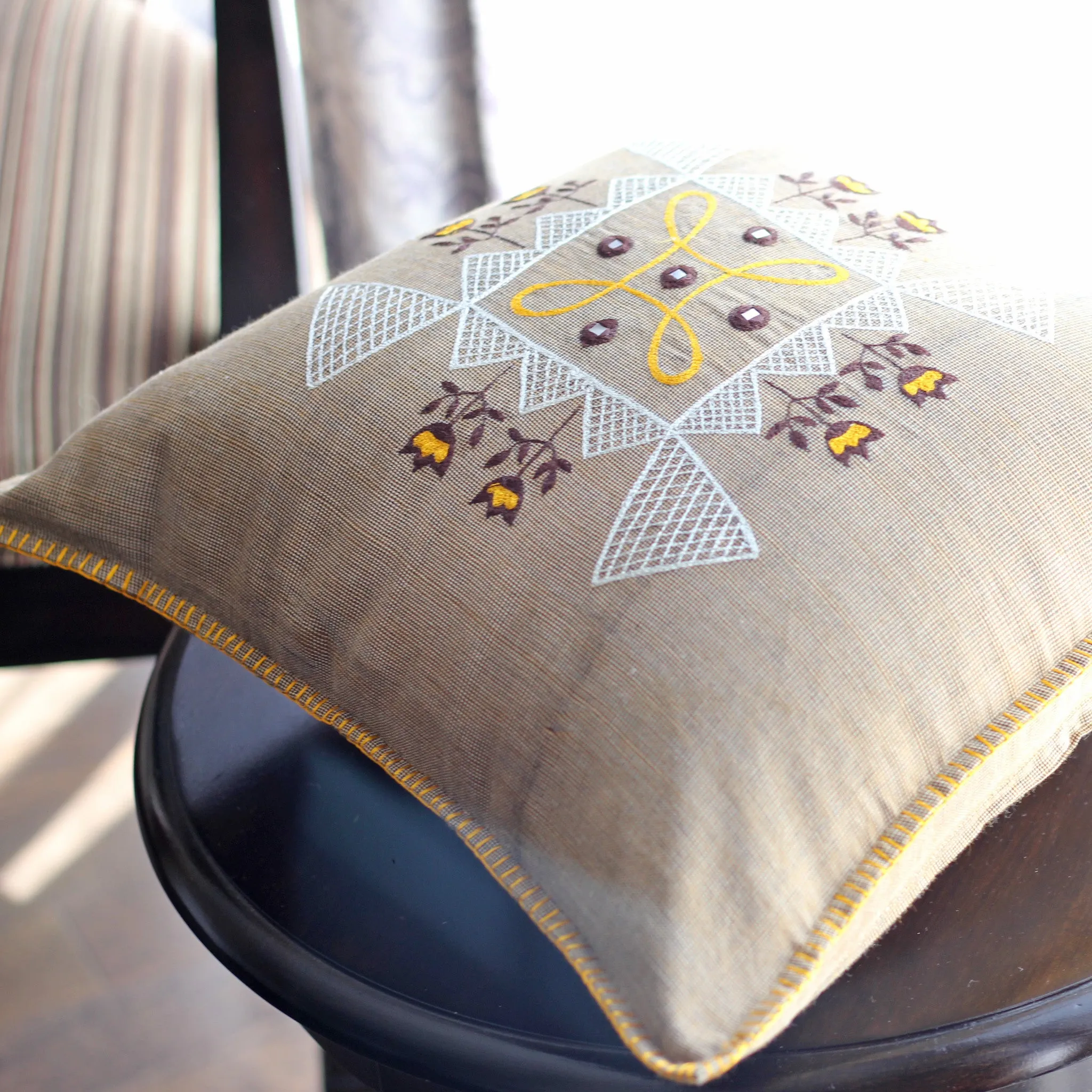 Embroidered 100% Cotton Textured Pillow Cover - Handloom Throw Cushion | Brown, 16x16"