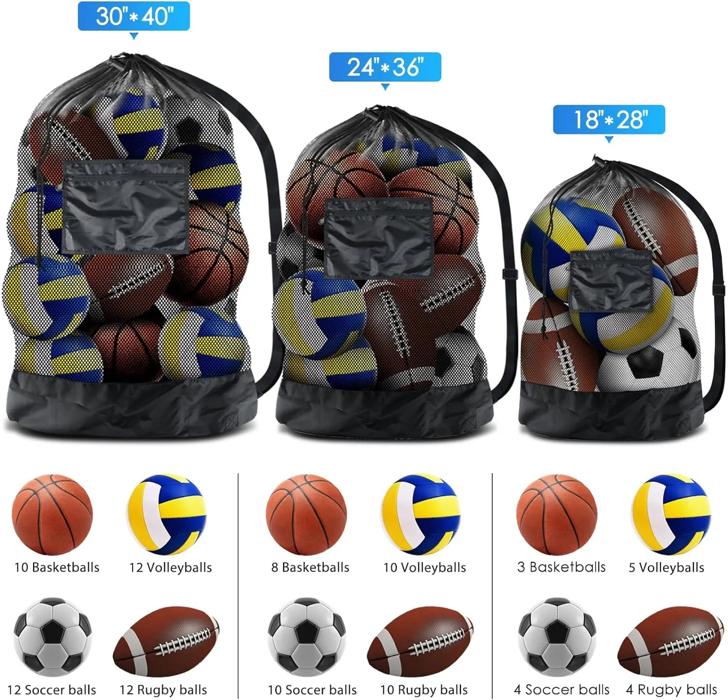 Extra Large Sports Ball Bag Mesh Soccer Ball Bag Heavy Duty Drawstring Bags Team Work for Holding Basketball, Volleyball, Baseball, Swimming Gear with Shoulder Strap