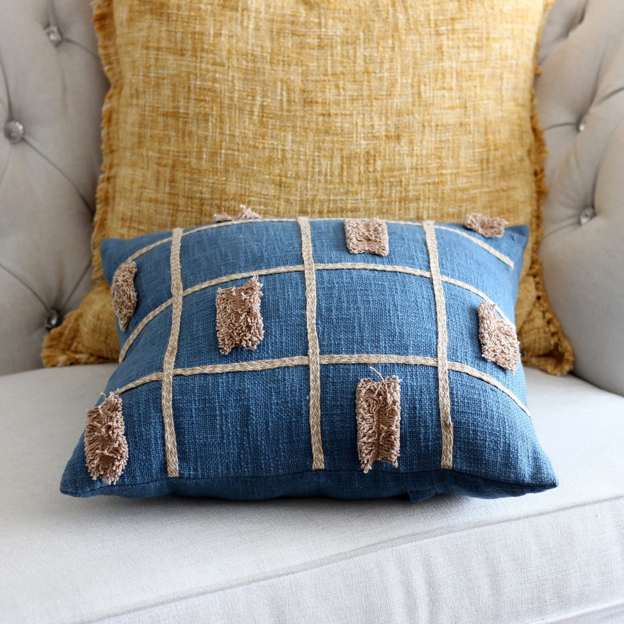 Handcrafted Square Box Cotton Jute Throw Pillow Cover - Decorative Cushions | Blue, 16x16"