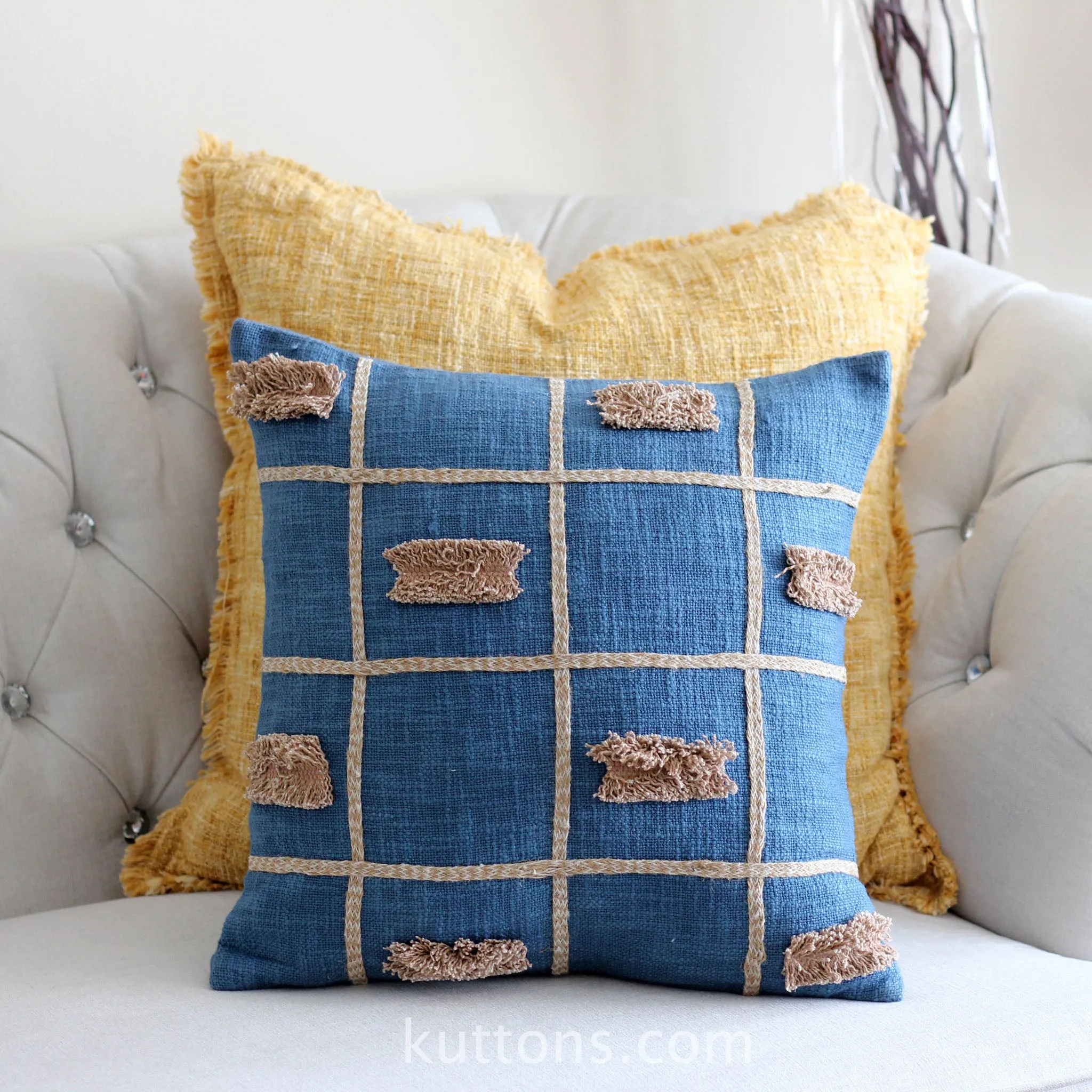 Handcrafted Square Box Cotton Jute Throw Pillow Cover - Decorative Cushions | Blue, 16x16"