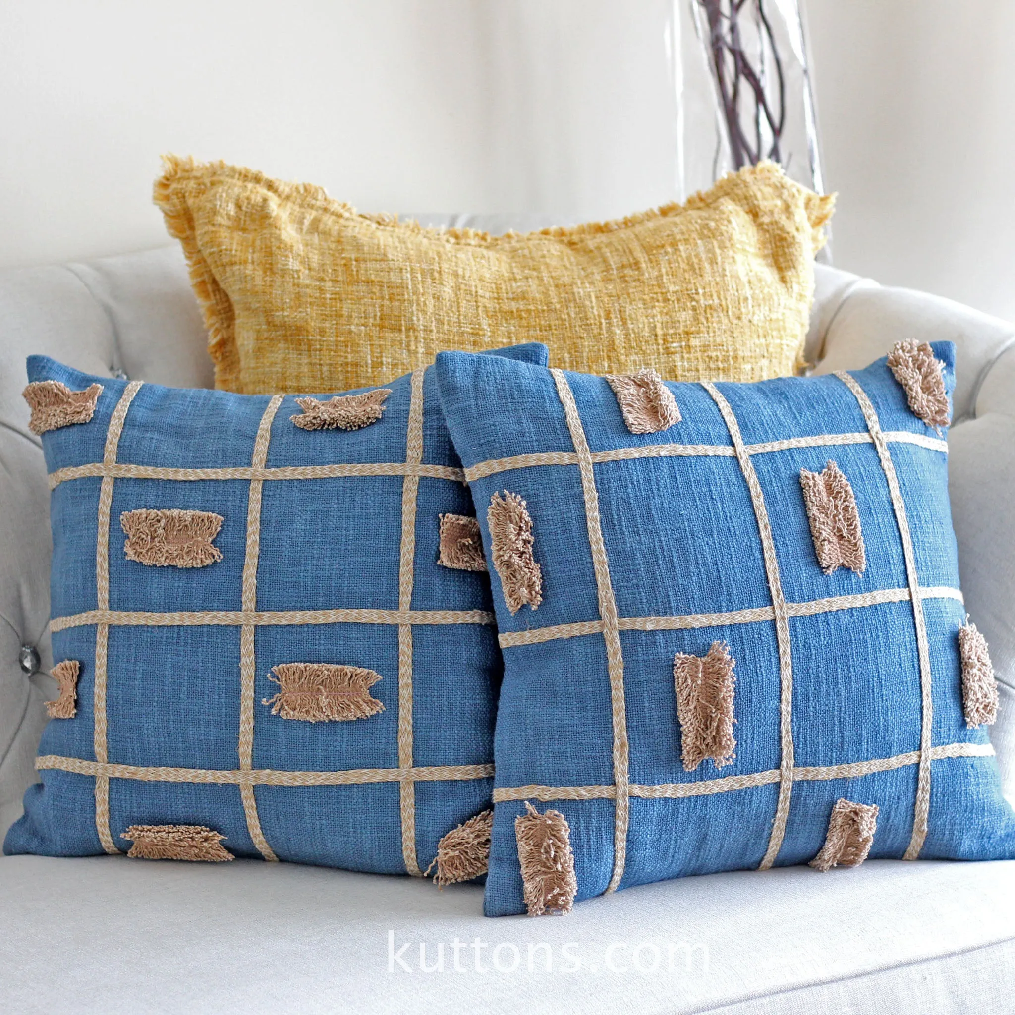 Handcrafted Square Box Cotton Jute Throw Pillow Cover - Decorative Cushions | Blue, 16x16"