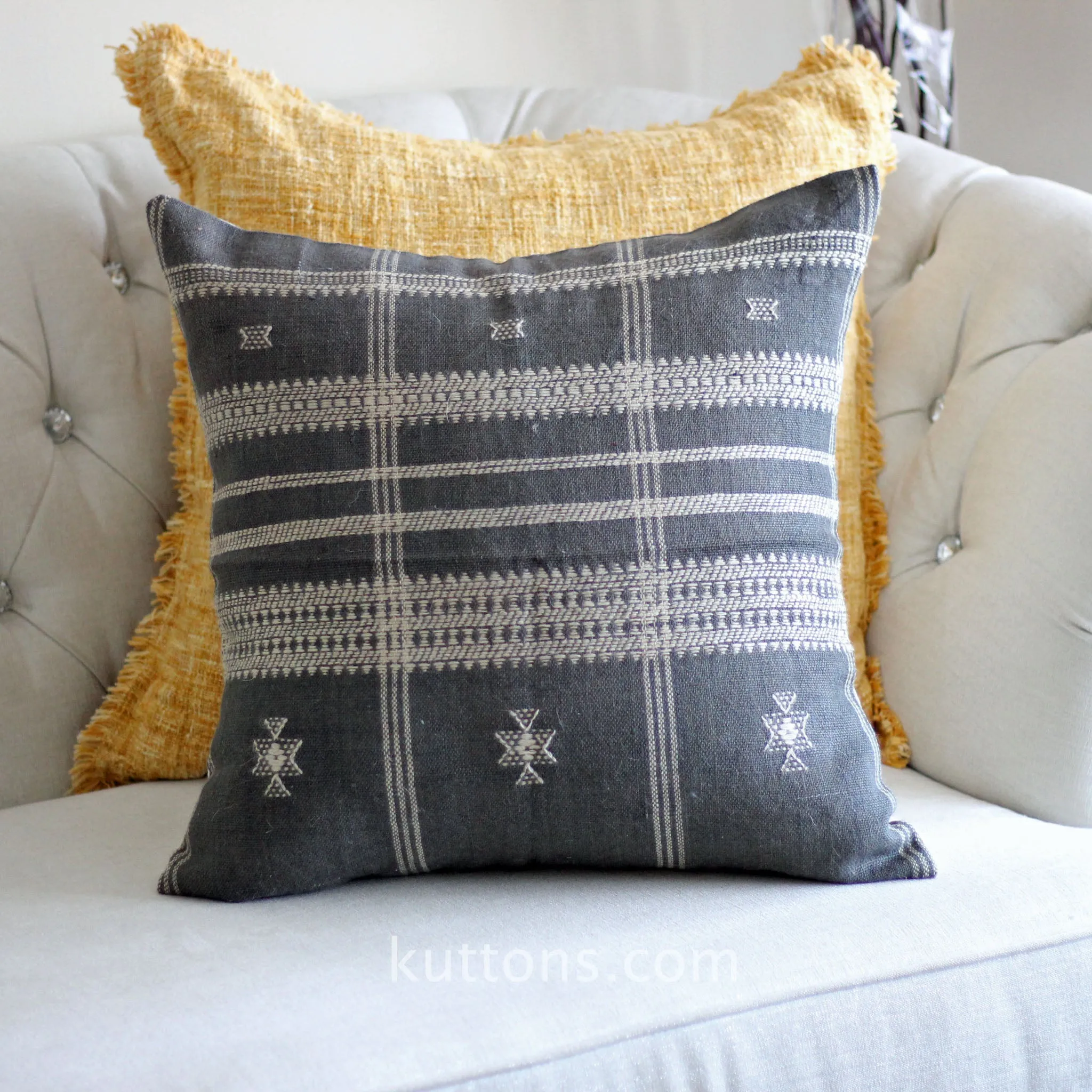 Handspun & Handwoven Organic Wool Pillow Cover - Antique Cushions | Gray, 22x22"