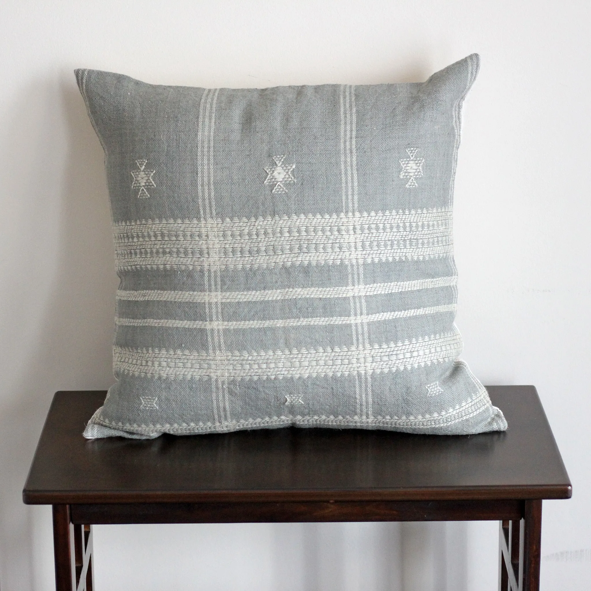 Handwoven Bhujodi Wool & Cotton Cushion Cover - Vintage Rustic Pillow | Gray-Blue, 20x20"