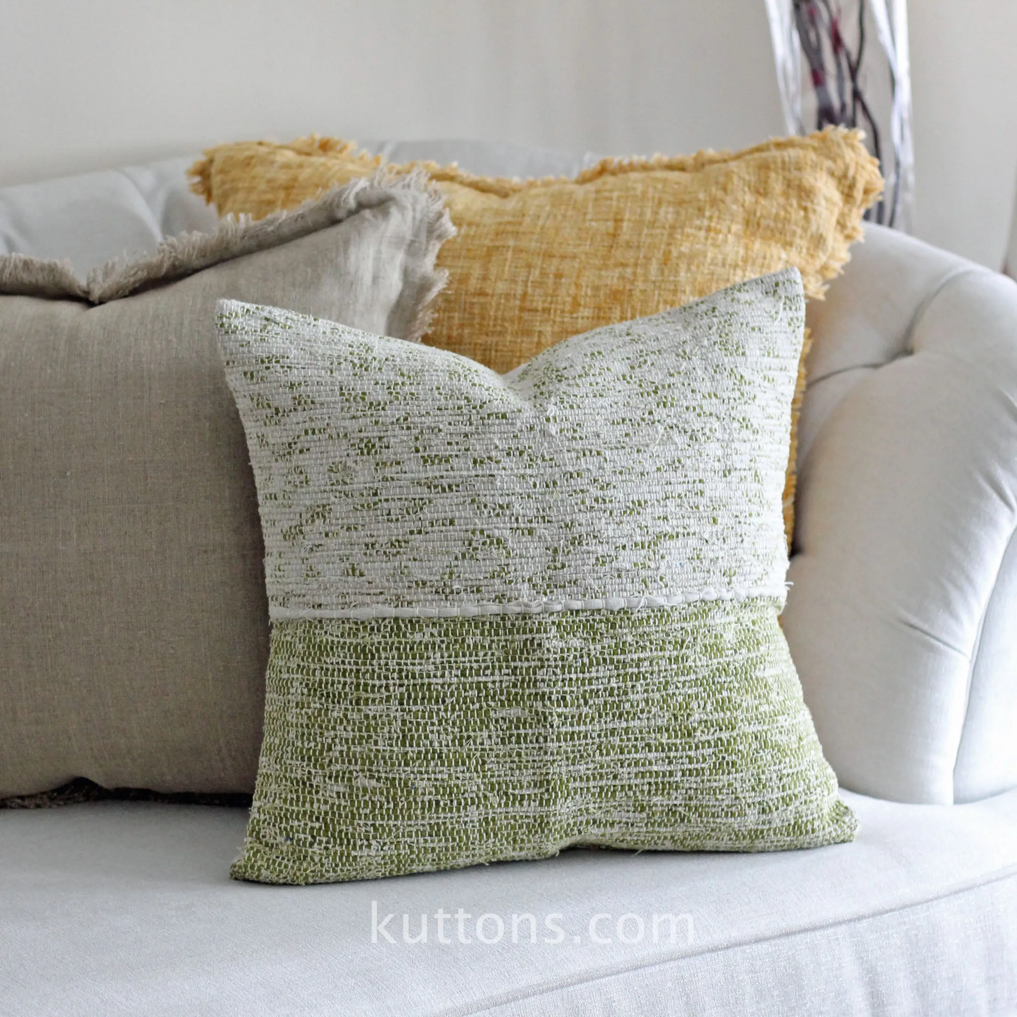 Handwoven Linen Throw Pillow Cover - Made from Fabric Waste - Decorative Linen Cushions | Green, 20x20"