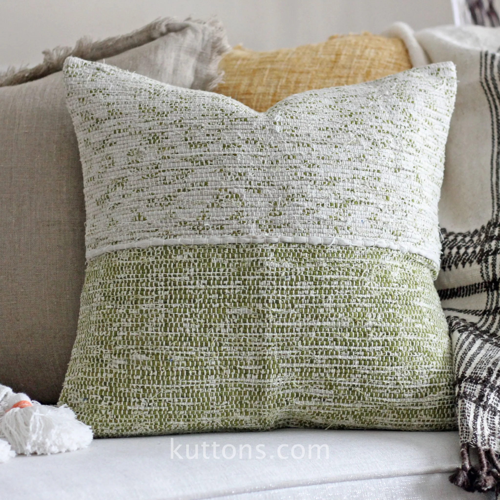 Handwoven Linen Throw Pillow Cover - Made from Fabric Waste - Decorative Linen Cushions | Green, 20x20"