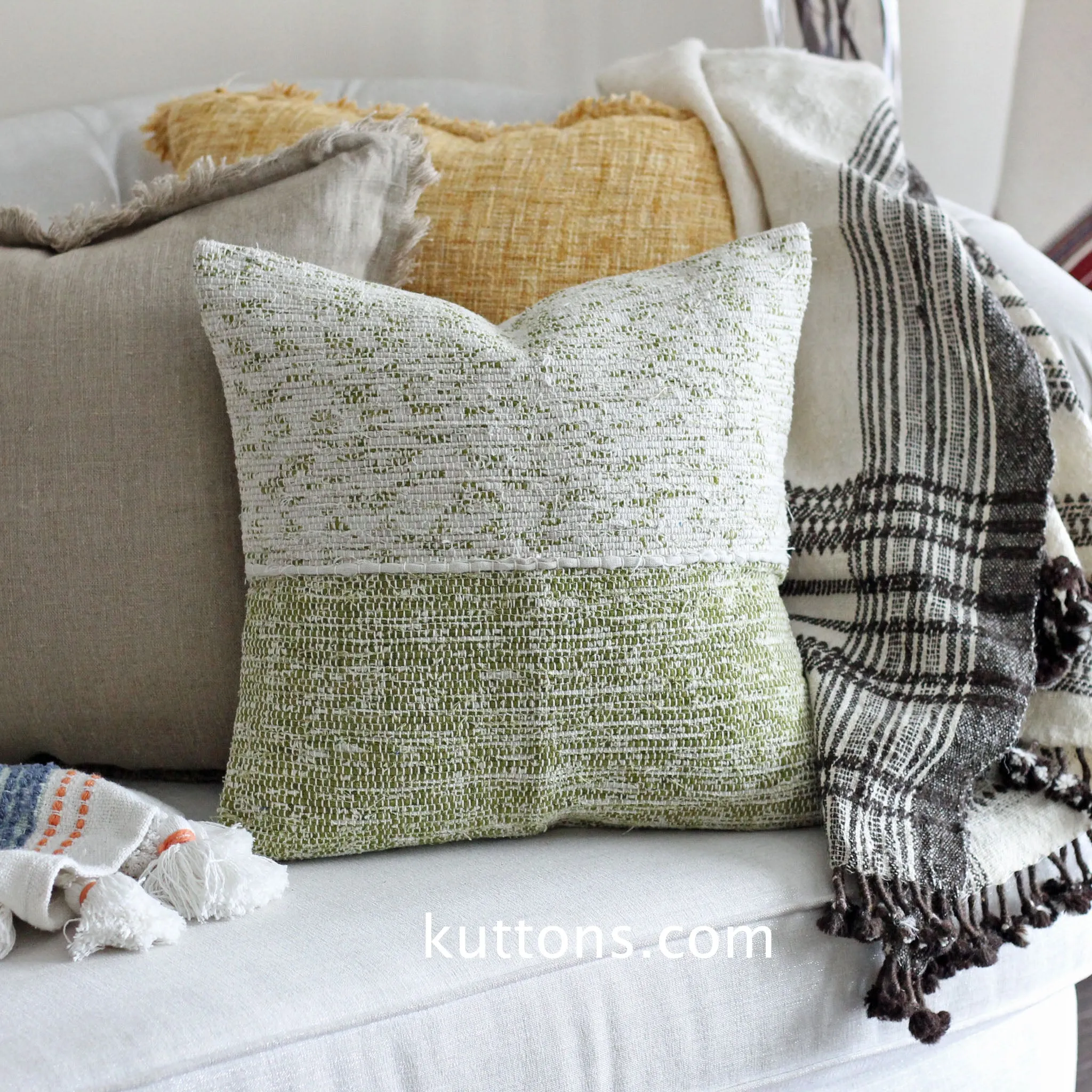 Handwoven Linen Throw Pillow Cover - Made from Fabric Waste - Decorative Linen Cushions | Green, 20x20"