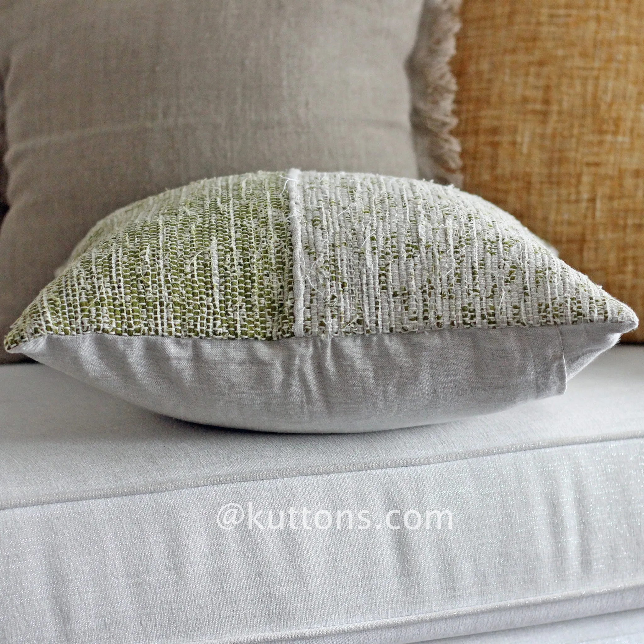 Handwoven Linen Throw Pillow Cover - Made from Fabric Waste - Decorative Linen Cushions | Green, 20x20"