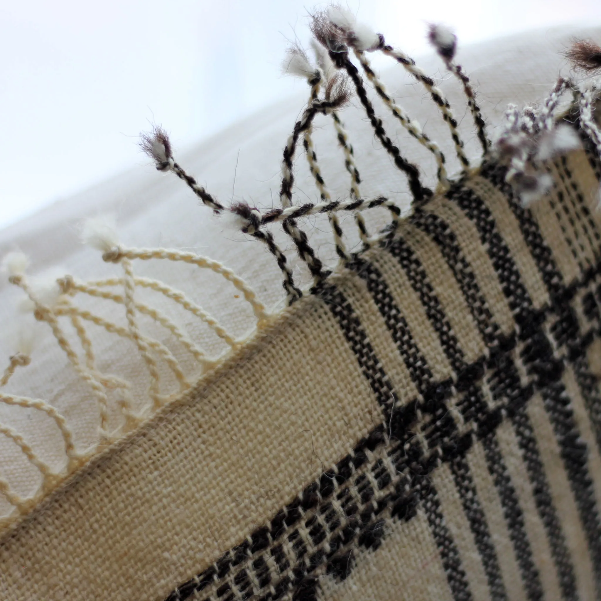 Handwoven Organic Wool Cotton Cushion Cover with Tassels - Throw Pillow | Cream-Brown, 22x22"