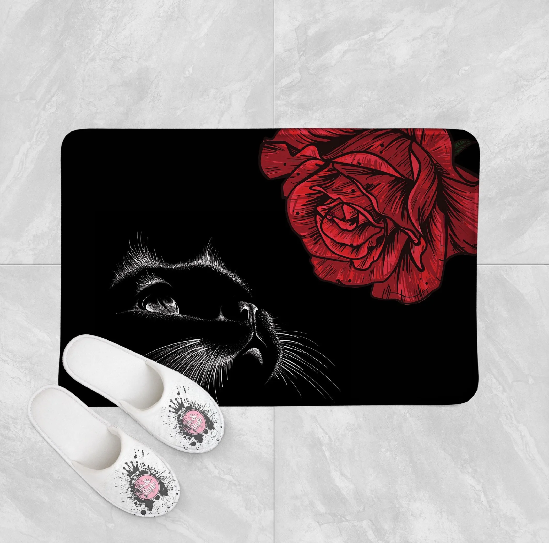 Here Kitty Kitty Red Rose Cat Shower Curtains and Optional Bath Mats