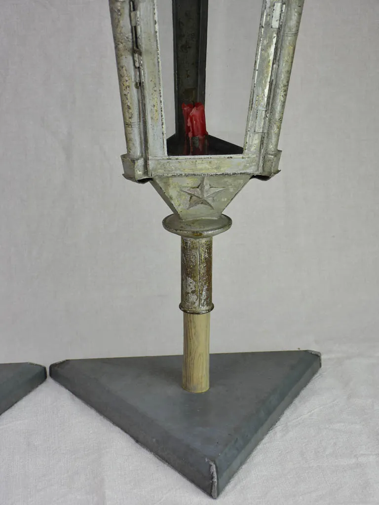 Pair of triangular zinc lanterns from the late 19th century 30¼"