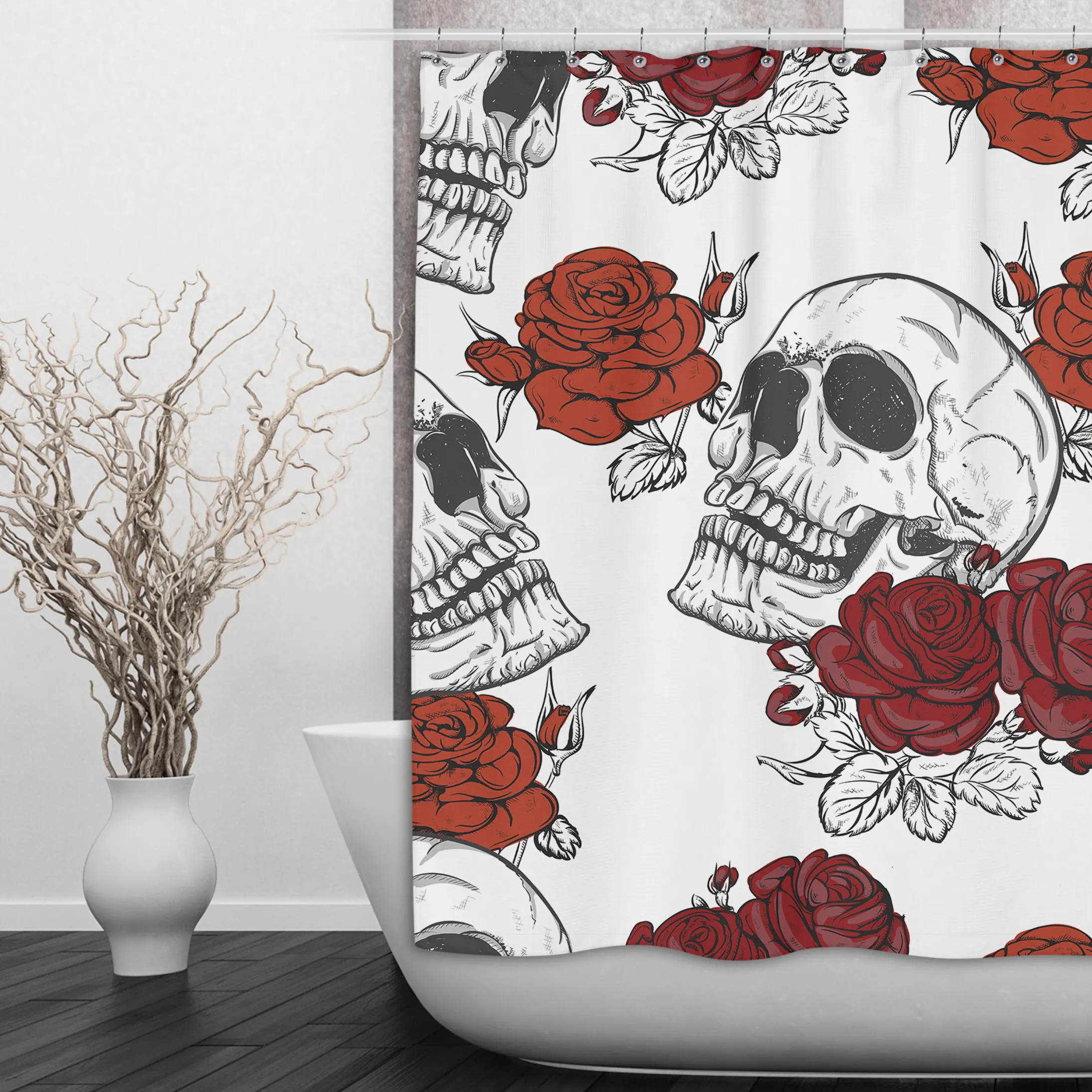 Shades of Red Rose Skull Shower Curtains and Optional Bath Mats