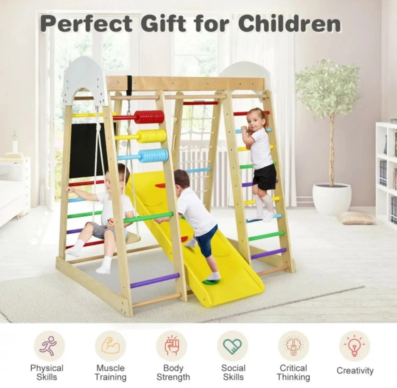 Super Fun 8-in-1 Heavy Duty Climber Playground Play-set For Kids With Slide | Climbing Net | Slide | Rock Climbing | Monkey Bars | Abacus Game | Swing | Drawing Board