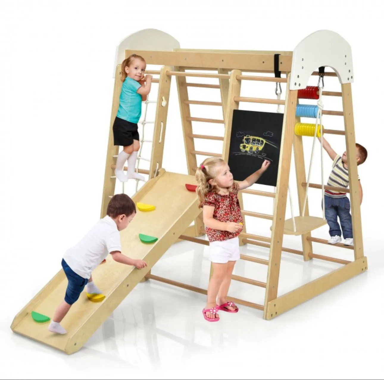 Super Fun 8-in-1 Heavy Duty Climber Playground Play-set For Kids With Slide | Climbing Net | Slide | Rock Climbing | Monkey Bars | Abacus Game | Swing | Drawing Board