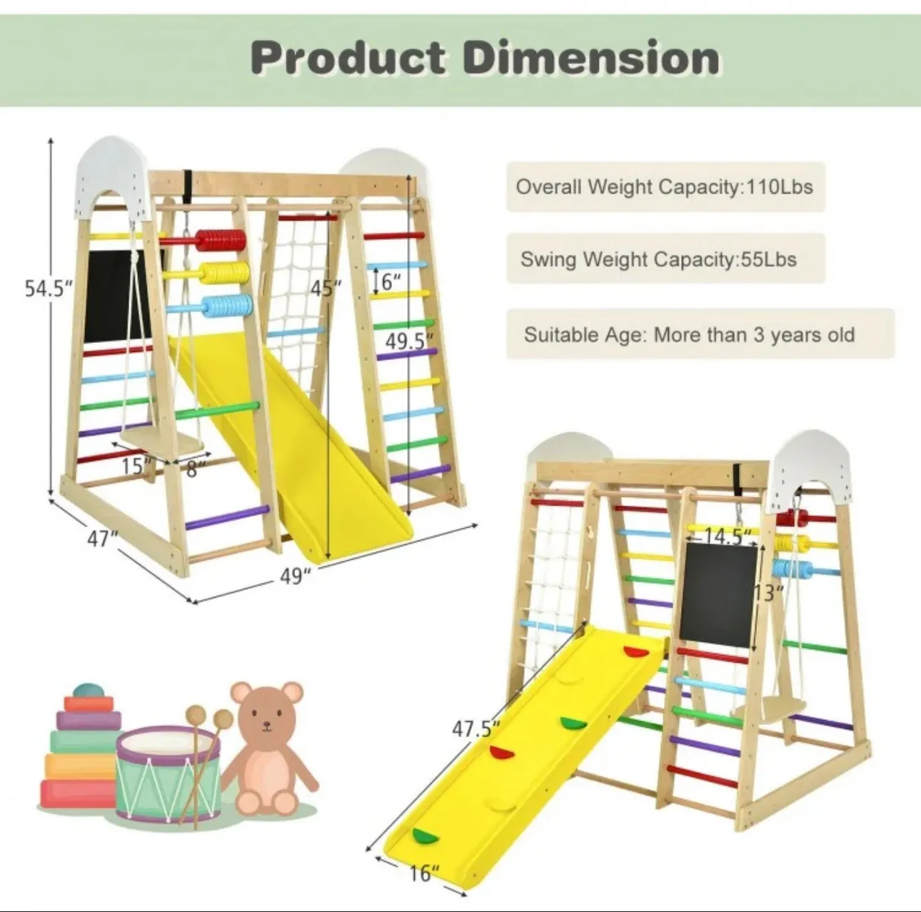 Super Fun 8-in-1 Heavy Duty Climber Playground Play-set For Kids With Slide | Climbing Net | Slide | Rock Climbing | Monkey Bars | Abacus Game | Swing | Drawing Board