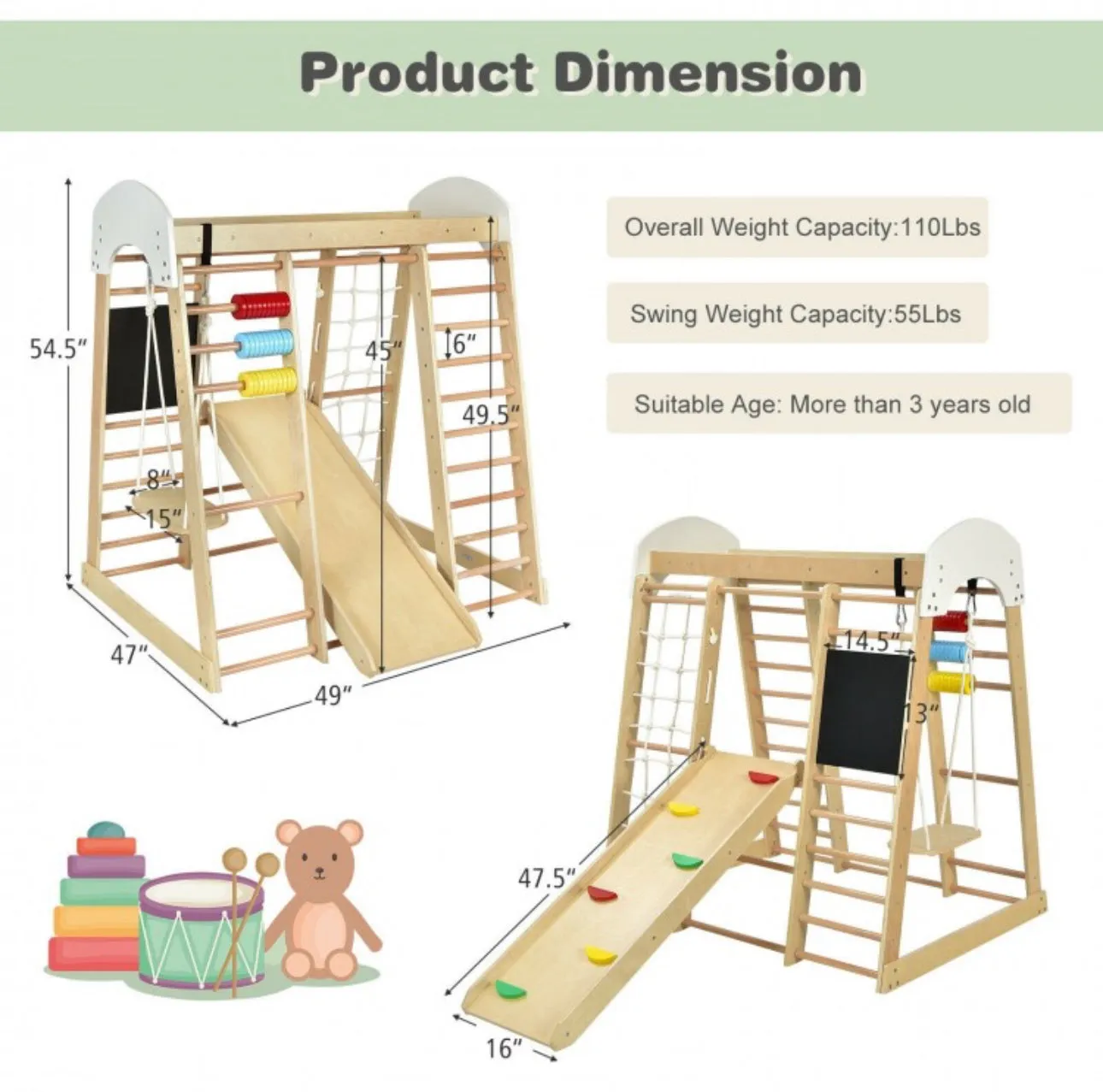 Super Fun 8-in-1 Heavy Duty Climber Playground Play-set For Kids With Slide | Climbing Net | Slide | Rock Climbing | Monkey Bars | Abacus Game | Swing | Drawing Board