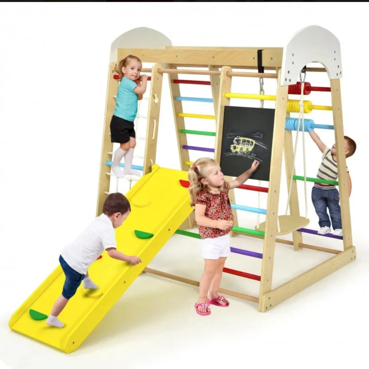 Super Fun 8-in-1 Heavy Duty Climber Playground Play-set For Kids With Slide | Climbing Net | Slide | Rock Climbing | Monkey Bars | Abacus Game | Swing | Drawing Board