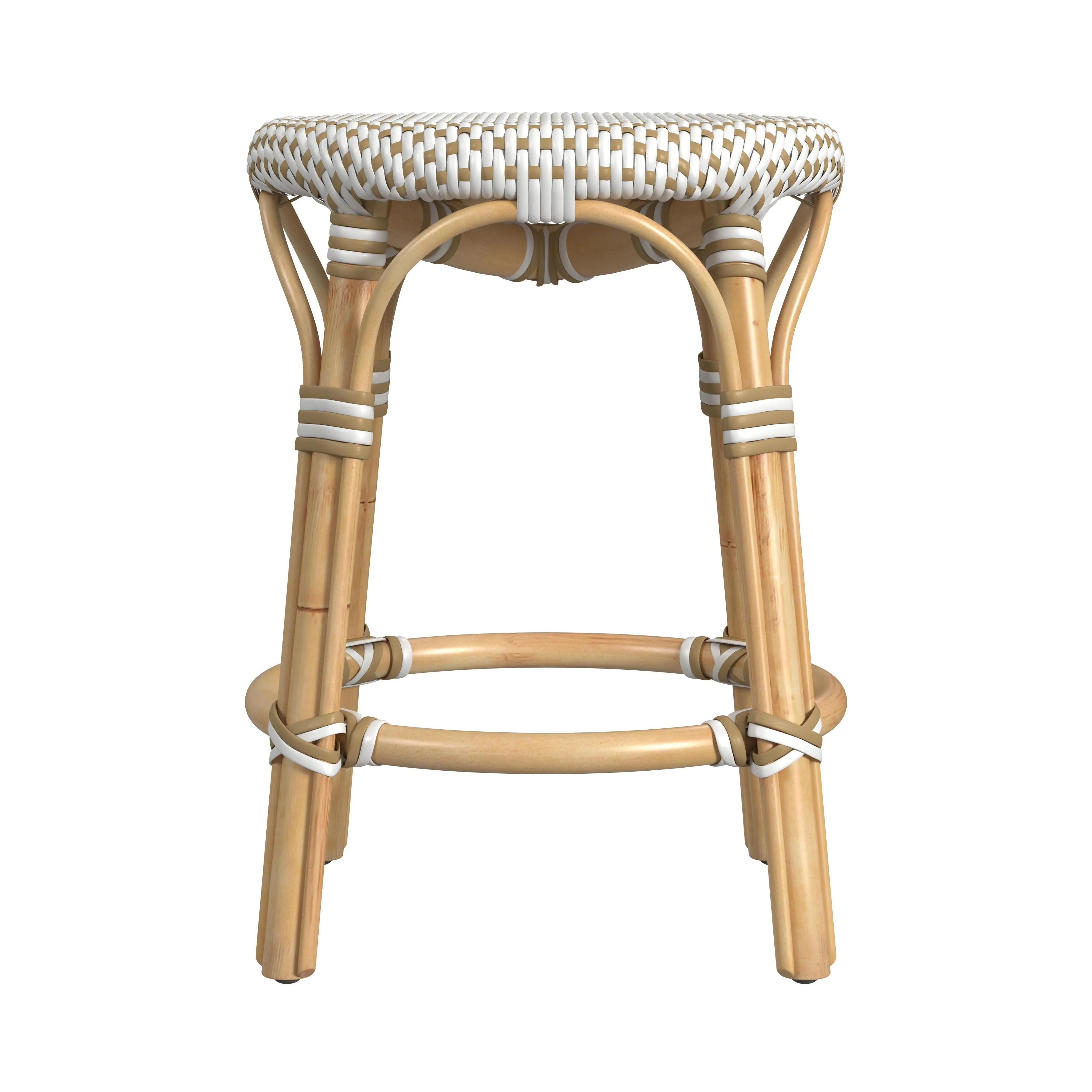 Tobias Rattan Round 18" Stool in White and Tan Dot  5745415