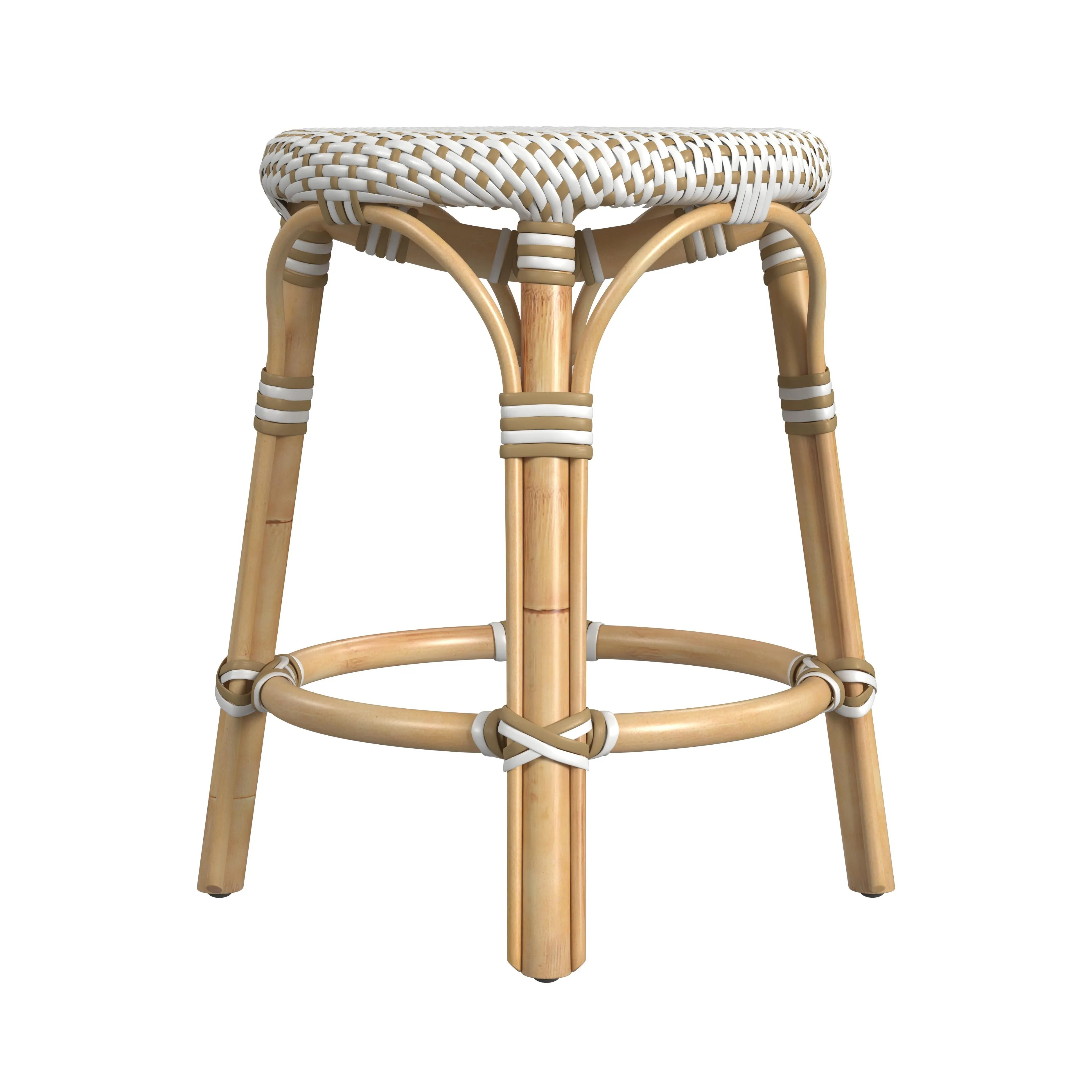 Tobias Rattan Round 18" Stool in White and Tan Dot  5745415