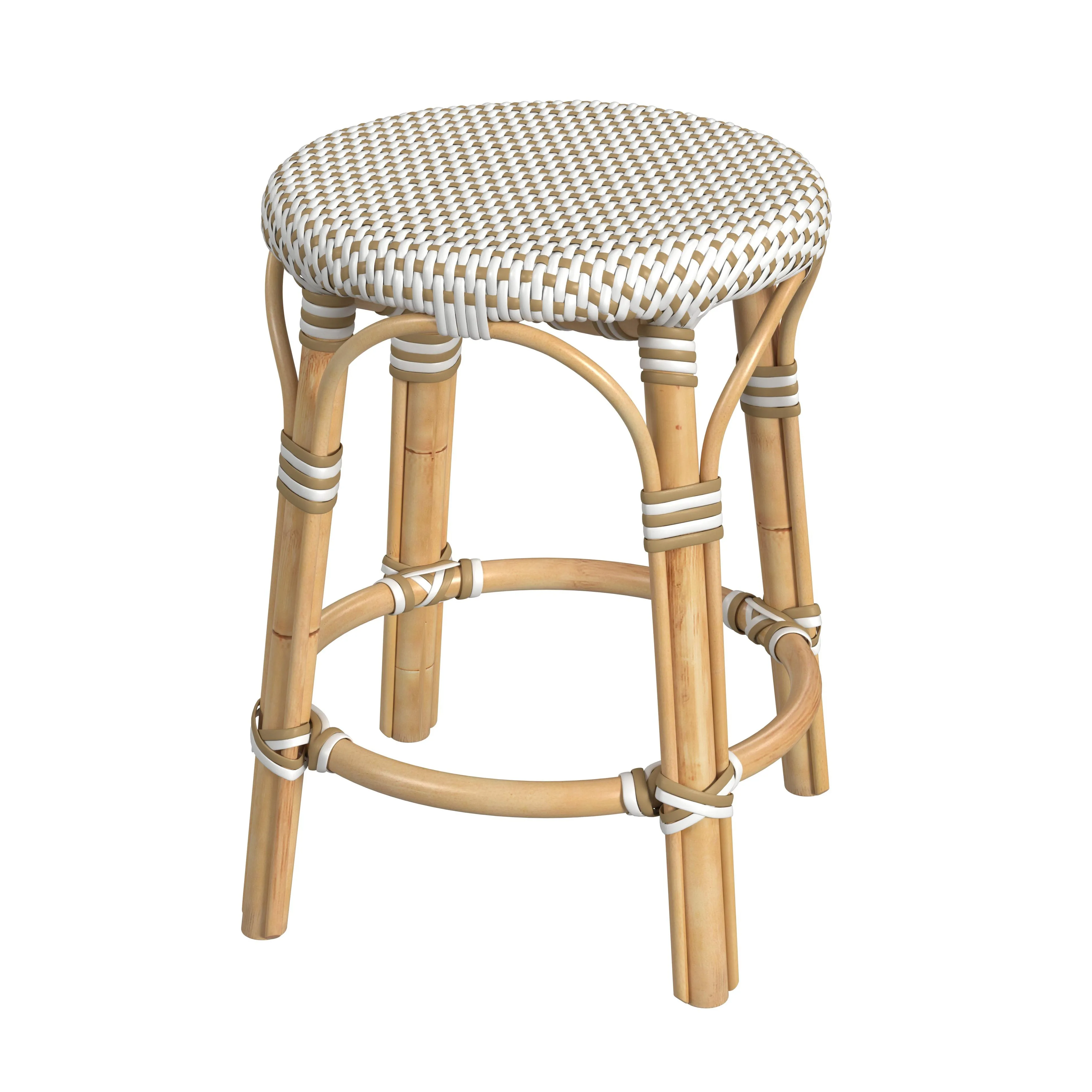 Tobias Rattan Round 18" Stool in White and Tan Dot  5745415