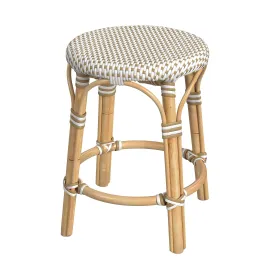 Tobias Rattan Round 18" Stool in White and Tan Dot  5745415